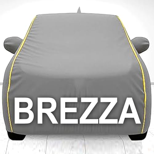 Image of 100% Waterproof Car Cover for Brezza UV Protection, Dustproof, Windproof | Custom Fit with Mirror Pockets, Belt & Buckle | All Weather Outdoor Body Cover (Grey, Brezza)