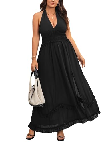 Women's Summer Sundress Sleeveless Halter V Neck Boho Floral Maxi Dress Elastic Waist Ruffle Spring Vacation Outfits