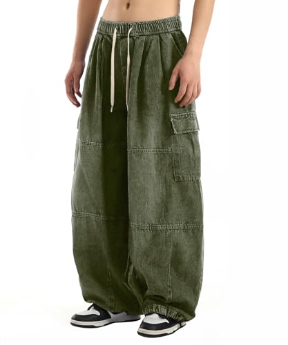 Men's Vintage Washed Cargo Jeans, High Waist, Baggy Wide Leg, Unisex Streetwear with Multiple Pockets