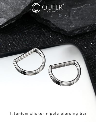 OUFER 2PCS Titanium Nipple Rings, D-shaped Nipple Piercing Jewelry, 14G Clicker Septum Daith Lightweight Body Piercing Jewelry for Women Men 14MM2