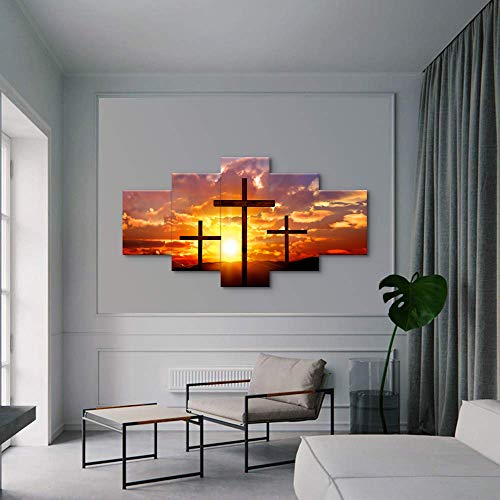 Viivei Christian Sunset Crosses Cross Wall Art Christ Poster Canvas Prints Art Home Decor For Living Room Modern Pictures 5 Panel Large Hd Printed Painting Artwork Framed Ready To Hang (60" Wx32 H) #TOP2