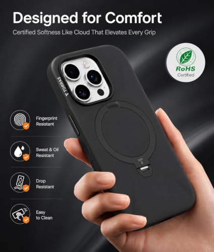 Image of TORRAS Liquid Silicone for iPhone 16 Pro Case with 360 Spin Magnetic Ring Stand with Camera Control, Fit for MagSafe, OStand Q3 Silicone Non-Slip Protective Case for iPhone 16 Pro, Obsidian Black