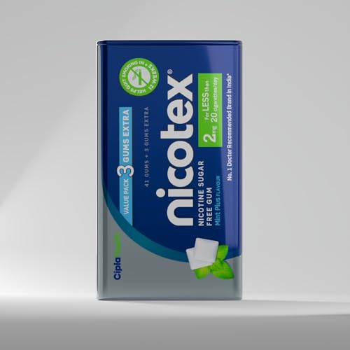 Image of Cipla Nicotex Nicotine Sugar Free Mint Plus Gums 2mg | Helps to Quit Smoking | WHO-approved Therapy | 44 Gums per Tin | Pack of 1