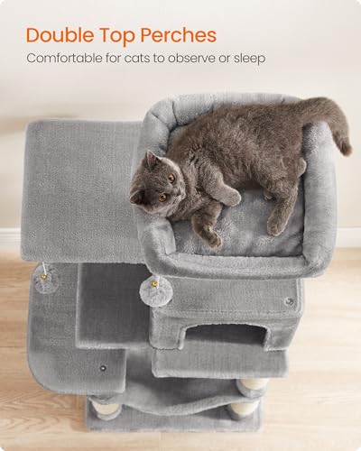 Image of Feandrea Cat Tree, 44.1-Inch Cat Tower, Plush Multi-Level Condo with 4 Scratching Posts, 2 Perches, Hammock, Cave, Light Gray UPCT261W01