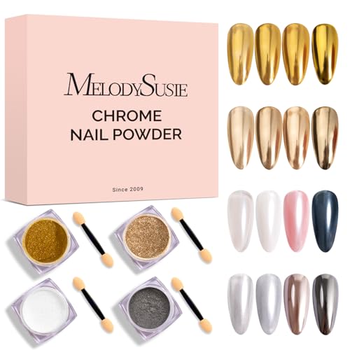 Image of MelodySusie 4Pcs Chrome Nail Powder for Gel Nails, Aurora Fine Glitter Powder Mirror Effect Pigment Pearlescent Mermaid Pigment Pearl Glitter for Home DIY Salon Use