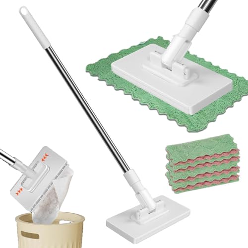 Fregona con pinza de presión con 4 paños de microfibra, fácil cambio de paño con solo pulsar un botón, mini mopa, no es necesario lavar a mano, paño de sujeción automático para limpieza en seco y