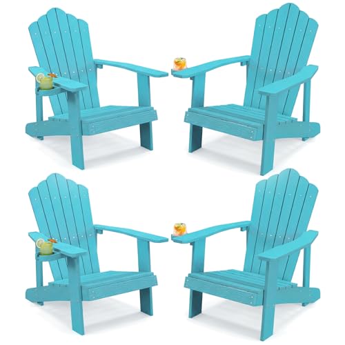Image of Tangkula Oversized Adirondack Chair, Patio Lounge Chairs w /Adjustable Cup Holder, HIPS Armchairs Slatted Chair, Outdoor Weather Resistant Fire Pit Chair for Deck Backyard Garden Porch (4, Turquoise)