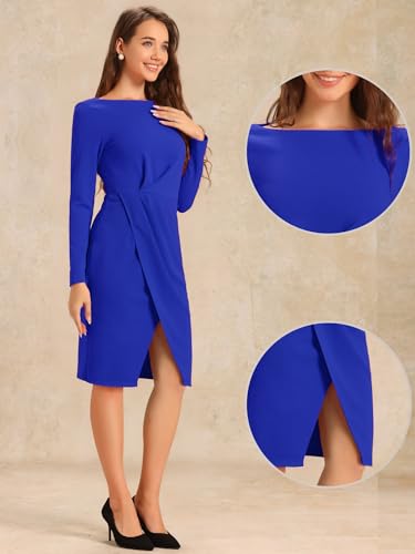 Allegra K Boat Neck Dress for Women's Long Sleeves Ruched Wear to Work Split Sheath Dress2
