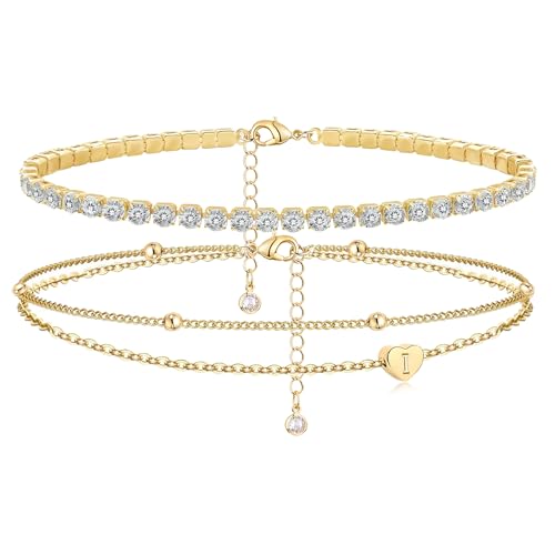 Image of Initial Ankle Bracelets for Women, Dainty Gold Layered Heart CZ Bead Anklets, 14K Gold Plated Waterproof Summer Beach Jewelry Set