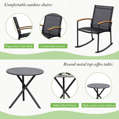 Image of Shintenchi 3 Pieces Patio Rocking Bistro Sets,Outdoor Textilene Fabric Conversation Bistro Set,Front Porch Rocker Chairs Small Patio Furniture Set with Table for Lawn,Garden,Balcony(Black)