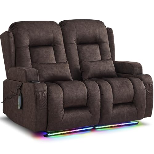 Image of URRED Power Loveseat Recliner Sofa with Massage and Heat, Wall Hugger Reclining Loveseat, RV Couch Home Theater Seating with LED Lights for Living Room (Brown, 54 inch - 2 Seats)