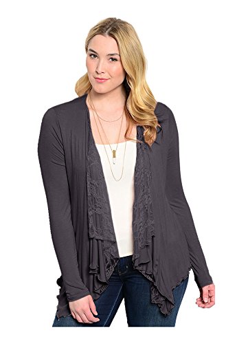 Women's Lace Open Drape Plus Size Cardigan Reg Shoulder-Charcoal 1XL