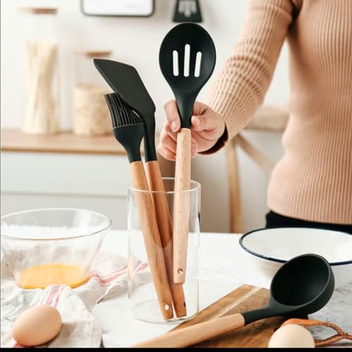 Jogo Kit 12 Peças Utensílios Cozinha Silicone Premium C/Cabo Madeira Escumadeira Espátula Concha Pot