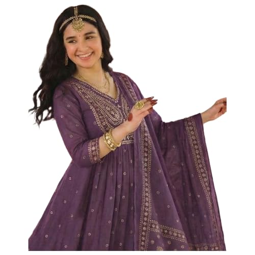 Image of GoSriKi Rust Anarkali Kurta Set for Women with Dupatta | Cotton Kurti Set for Woman | Embroidered Anarkali Suit for Women Kurti Pant Set with Dupatta | Suit Set for Women Latest