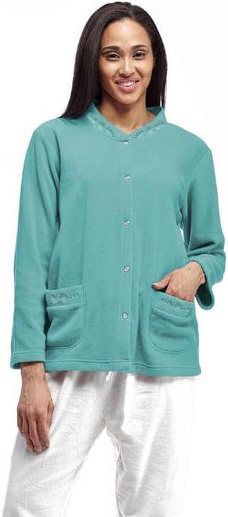 LA CERA Women's Plus Size Embroidered Snap Front Fleece Bed Jacket, Banded Collar, Dual Pockets, Long Sleeves, Machine Wash