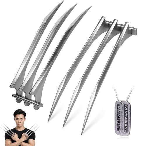 1 Pair Safe Realistic ABS Plastic Wolf Claws olverine Claws Costume Prop with Dog Tag Necklace Perfect for Halloween Masquerade Themed Party Cosplay Events Silver