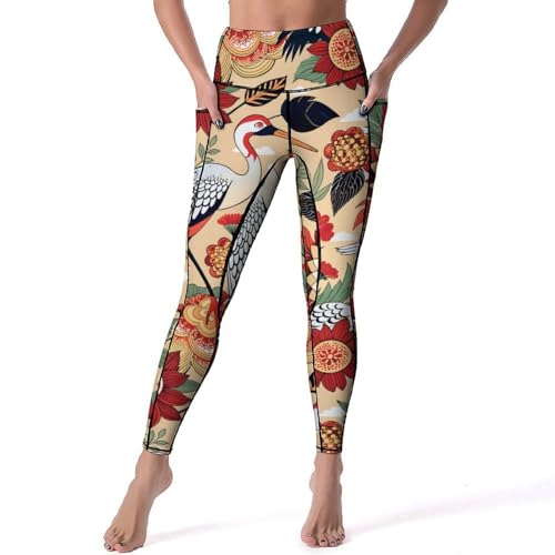 Cranes-Leggings für Damen hohe Taille weiche Yogahose Workout-Leggings mit Taschen Schwarz L