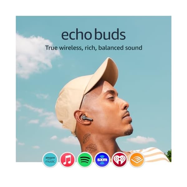 Amazon Echo Buds (2023 Release) | True Wireless Bluetooth 5.2 Earbuds with Alexa, audio personalization, multipoint, 20H battery with charging case, fast charging, sweat resistant | Black
