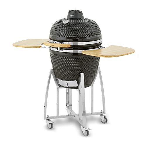 Tower Kamado XL Ceramic Charcoal BBQ with Collapsible Wooden Shelves Built-in Thermometer and Waterproof Cover Black T978532
