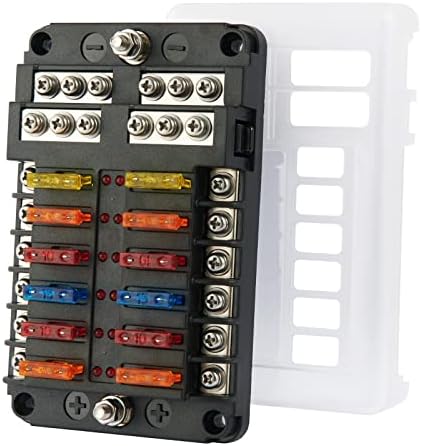 Marine Fuse Block, 12V Fuse Box with LED Warning Indicator Damp-Proof Cover 12 Circuit Independent Positive Negative Fuse Panel with Negative Bus Fuse Box for 12V/24V Vehicle Car Boat Auto (12-Way)