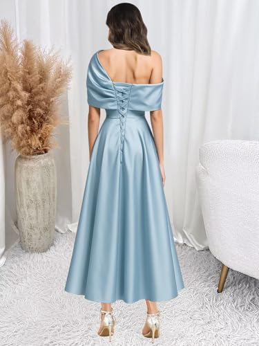 One Shoulder Mother of The Bride Dresses for Women Tea Length Satin Wedding Guest Dresses with Pockets4