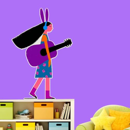 Image of Cute Girl with Guitar Wall Sticker | Cartoon Music Theme Self Adhesive Wall Decal for Kids Room, Bedroom, Nursery & Playroom Decoration