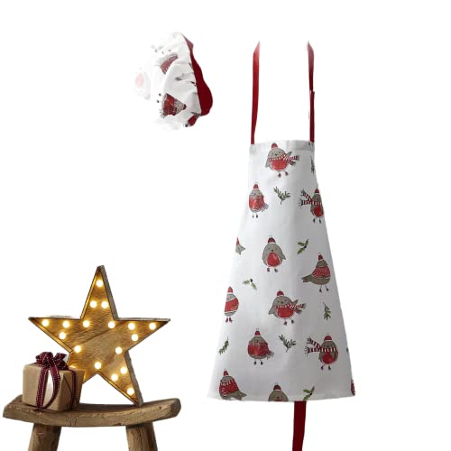 Catherine Lansfield Dining Robins Kids Apron 48x55 cm & Hat 20x24 Set White/ Red, Kids Apron & Chef's hat