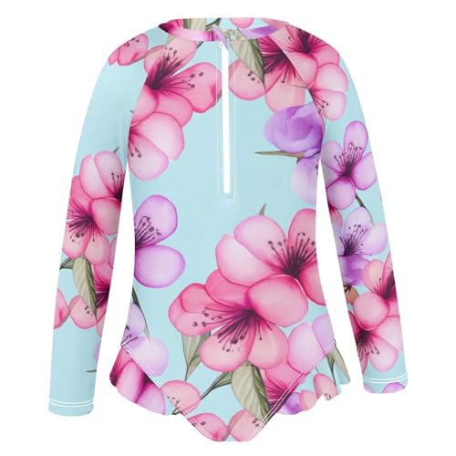 J JOYSAY Colorful Cherry Blossom Girls One Piece Swimsuits Long Sleeve UPF 50+ Rash Guard Kids Swimwear 3-12 Years2