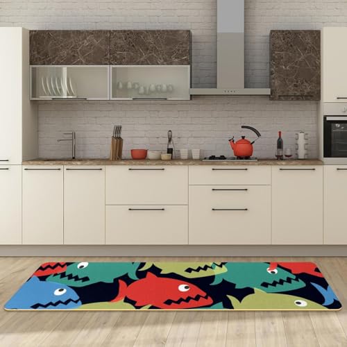 Alfombra de cocina absorbente para pasillo y cuarto de lavado con alegres peces piraña 3