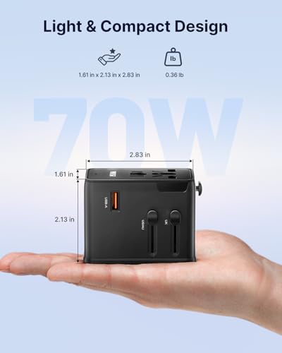 Image of VINTAR 70W GaN Universal Travel Adapter, 5 in 1 with 3 USB-C PD& 1 USB-A QC | International Power Adapter, GaN Fast Charging with Compact Design, All-in-One Travel Essentials for UK /EU /US /AUS, Black