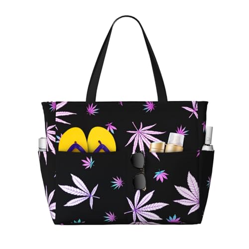 Marijuana Weed Cannabis Leaves Beach Bag Women Tote Bag Pool Bag With Zipper For Gym Grocery Travel With Wet Pocket