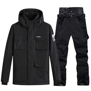 HOUZONIY Herren Skianzug Schneeanzug Atmungsaktiv Winddichte Schneehose Schneejacke mit Abnehmbare Kapuzen zum Skifahren Snowboarden Skisuit(Schwarz+Schwarz XL)