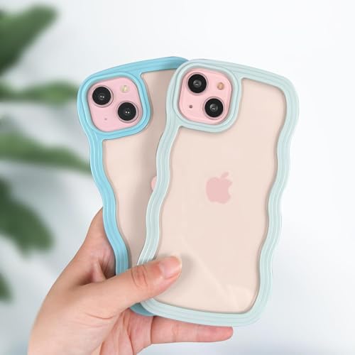 Image of GoldKart iPhone 15 Plus Case Wavy Edge Clear Back Design, Anti-Slip Grip Cute Wave Curly Frame Shape Shockproof Soft TPU & Hard PC Bumper Protective Phone Case Cover for Women Girls - Light Blue