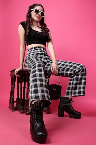Image of POPWINGS Casual Check Print Button and Zip Closure Trouser for Women | Western Wide-Leg Trouser for Women | Summer Trousers for Women | Comfortable Semi-Formal Work Trouser for Women