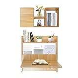 SimpMyloobe Wall Mounted Folding Desk, Solid Wood Foldable Writing Table, Fold Down Laptop Desk with Wall Mounted Bookshelf for Small Space Bedroom Living Room (Light Walnut Color)