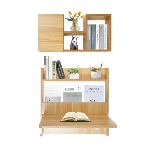 Floating Desk, 24" Wall Mounted Folding Desk with Bookshelf Folding Wall Desks Space Saving Workstation with Storage Shelves for Home Office Bedroom Study Room Small Space