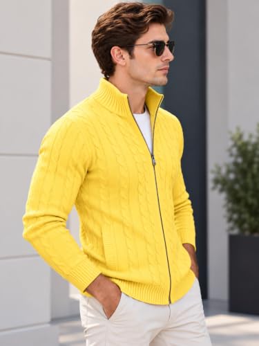 Image of TYSORT Men's Cotton Full Sleeve High Neck Full Zipper Sweater for Men, Cable Knitted Cardigan for Men