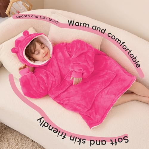 yescool Wearable Blanket Kids Hoodie, Birthday Teen Girls Gifts for 8-15 Year Old Kids Oversized Sweatshirt Sherpa Flannel Cozy Hooded Blanket with Pocket for Children, Youth Teens, One Size, Peach