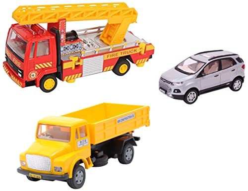 Image of Centy Toys Plastic Pull Back Car, 1 Pull Back Car, Multicolour & Fire Ladder Truck, Yellow & Thermoplastic Polyurethane Telco Dumper Pull Back Truck, 1 Pull Back Truck, Multicolour, Baby