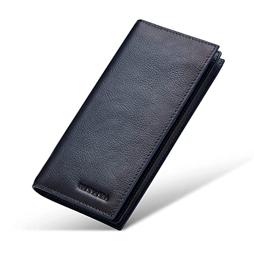 VANNANBA Bifold Long Slim Leather Wallet for Men,RFID Blocking Credit Vintage Card Holder for Checkbook with ID Window (blue)2