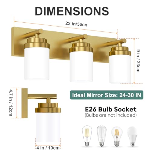 Image of IZORRO Bathroom Vanity Light Fixture, 3-Light 22 Inch Gold Bathroom Light Fixtures Over Mirror, with White Glass Shade, Modern Farmhouse Vanity Lights, Rustic Restroom Lighting Fixtures