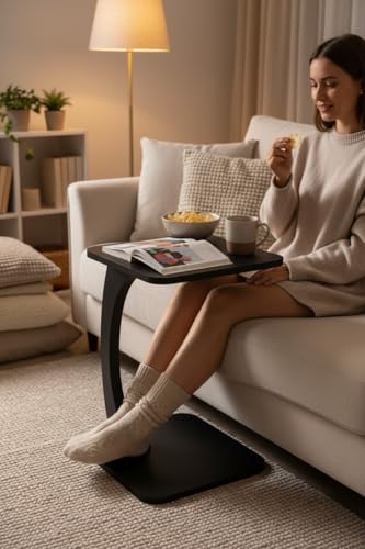 Image of Modern C-Shaped Wooden Sofa Side Table for Living Room | Multipurpose Laptop Table for Couch | Bedside Coffee Table | Space Saving Snack Table for Home & Office | Stylish Portable End Table (Black)