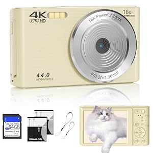 Digital Camera FHD 4K 44MP with 64GB SD Card 16X Digital Zoom 2024 Compact Point and Shoot Digital Cameras for Teens 1080P Cheap Simple Video Camera for Kids Seniors Boys Girls (Cream)