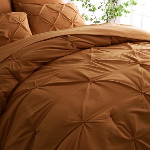 Ubauba 7pc Burnt Orange Queen Comforter Set, Rust 7 Piece Pintuck Bed in a Bag with Sheets, All Season Pinched Pleat Bedding Comforters & Sets,(Rustic, Queen Size)