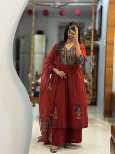 Image of ANNI Designer Women Printed Gathered Kurta Palazzo Dupatta Set Viscose Blend Kurti Suit Ladies Ethnic Wear for Festive Office Casual Use