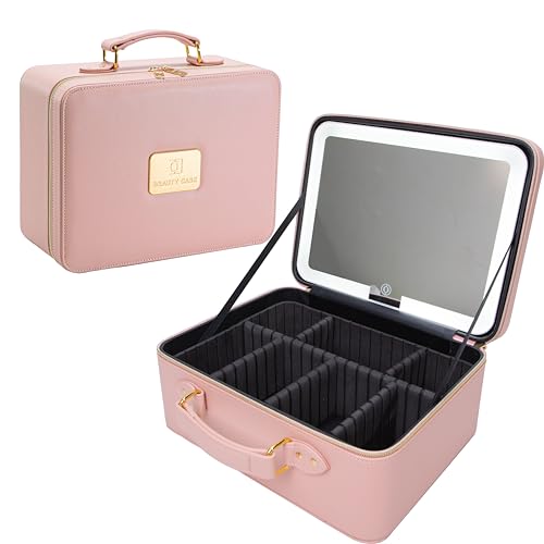 Makeup Bag with LED Mirror, Portable Makeup Artist Organizer Case with Lighted Mirror, Travel Makeup Bag for Women Cosmetic Brush Holder Storage, Pink Makeup Gift for Girls