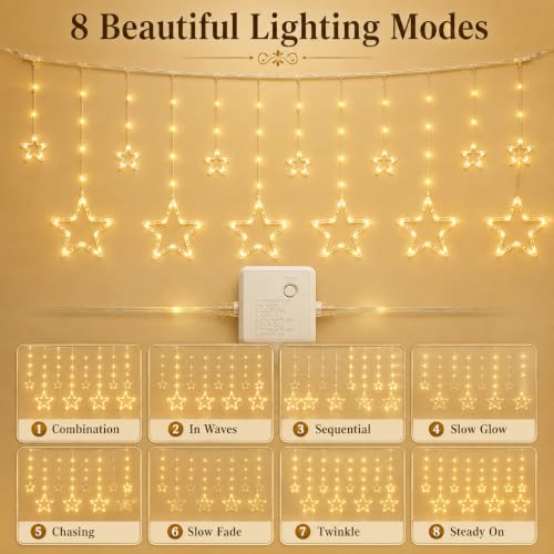 Image of Desidiya Star Curtain LED String Lights for Decoration | 120 Warm White | SMD LEDs | 10 Hanging Drops | 8 Lighting Modes | Waterproof Curtain Fairy Lights for Diwali, Christmas & Home Decor (11 Ft)