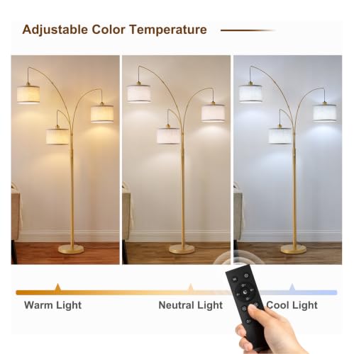 Image of Gold Floor Lamps for Living Room, Super Bright Arc Floor Lamp with Remote Control, 3 Light Tall Floor Lamps with Stepless Dimmable, 80 inch Mid Century Tree Floor Lamp for Bedroom, Office