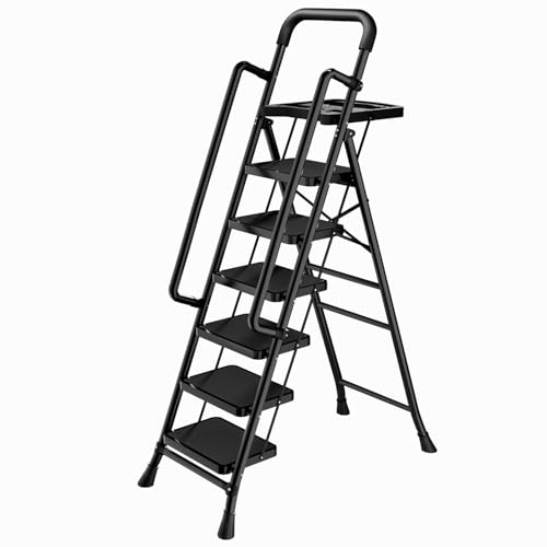 Step Ladder with Platform Folding Step Stool Heavy Duty Step Ladders with Anti-Slip Widen Pedals Handrail Safe-Lock Design Step Ladder for Adults (Black 6 Step+Handrail)