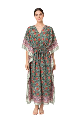 Image of Hand Block Printed Pure Cotton Kaftan for Women, Free Size Relaxed Fit Maxi, Lounge, Nightwear, Beach Cover-Up, Handmade Ethnic Boho Kaftan Dress V-Neck